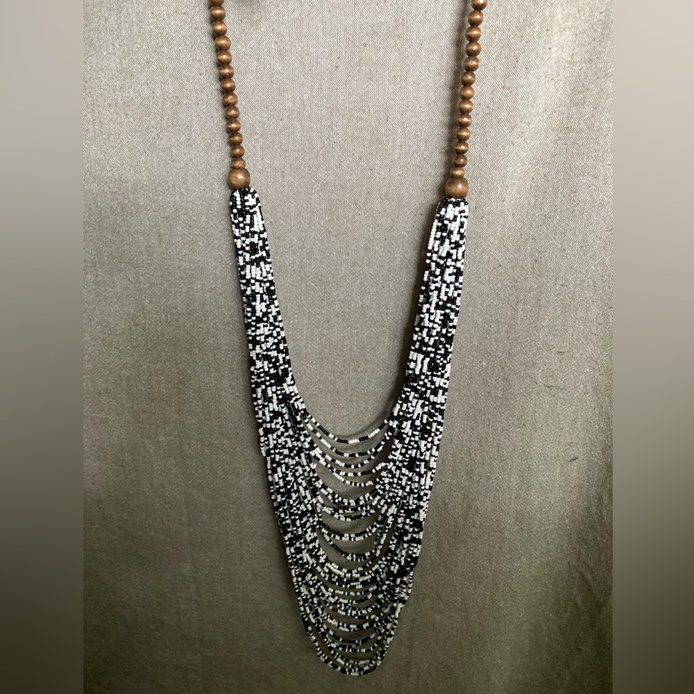 Glass Seed Bead and Wood Bead Necklace by Joan Rivers